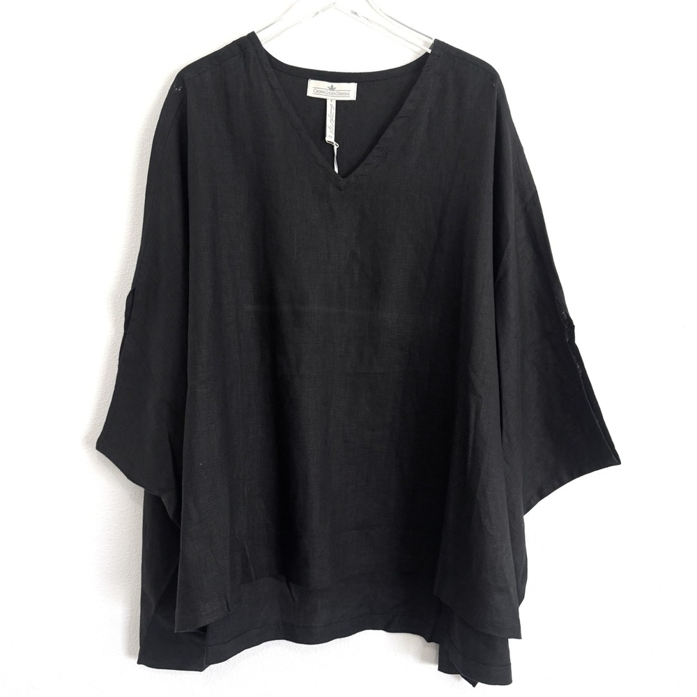 Crown Linen Designs Black 100% European Linen V-Neck Kaftan Top - Lagonlook